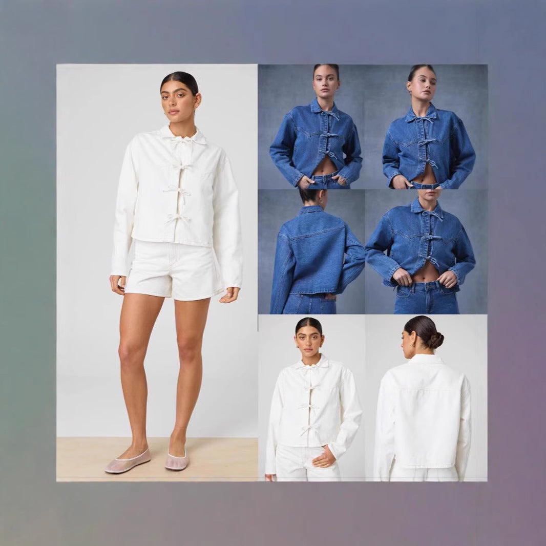 Damen nan kurze Denimjacke mit dekorativen Knotenverschlüssen, kastiger Silhouette und Hemdkragen EB