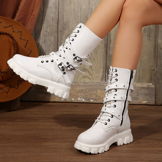 Damen Modische Schnürstiefeletten mit verstellbaren Riemen und robuster Sohle EB