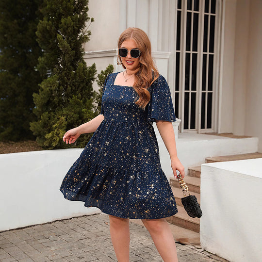 Damen Fließendes Maxikleid mit schimmerndem Sternenprint und weitem Rock EB