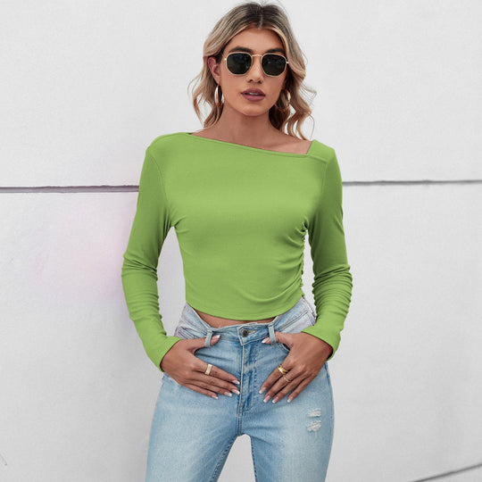 Damen figurbetontes geripptes Langarm-Cropped-Top mit asymmetrischer Schulterlinie und taillierter Stretch-Passform Eichborn Berlin