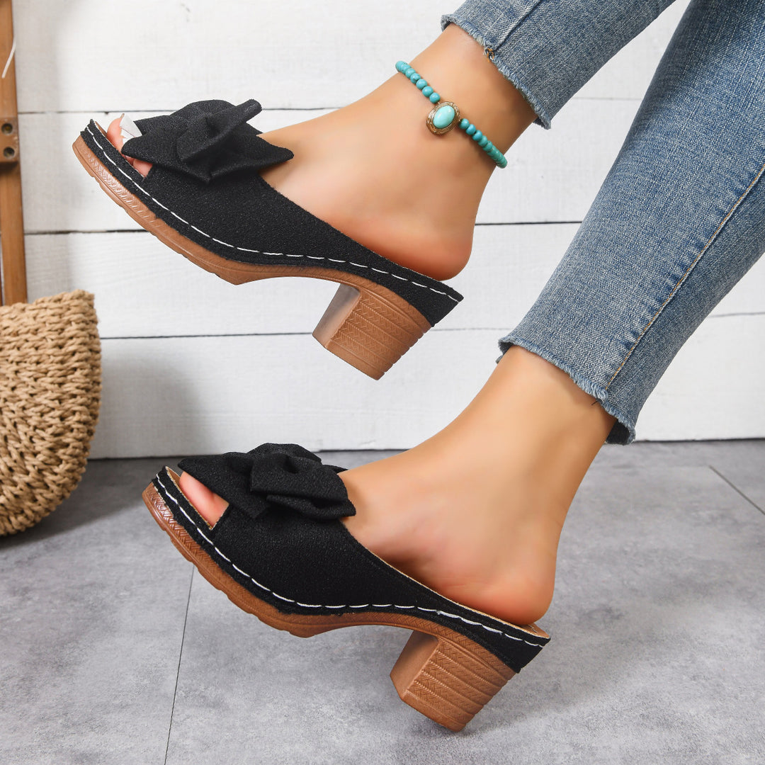 Damen modische Clogs mit dekorativem Schleifen-Design und Holzblockabsatz EB