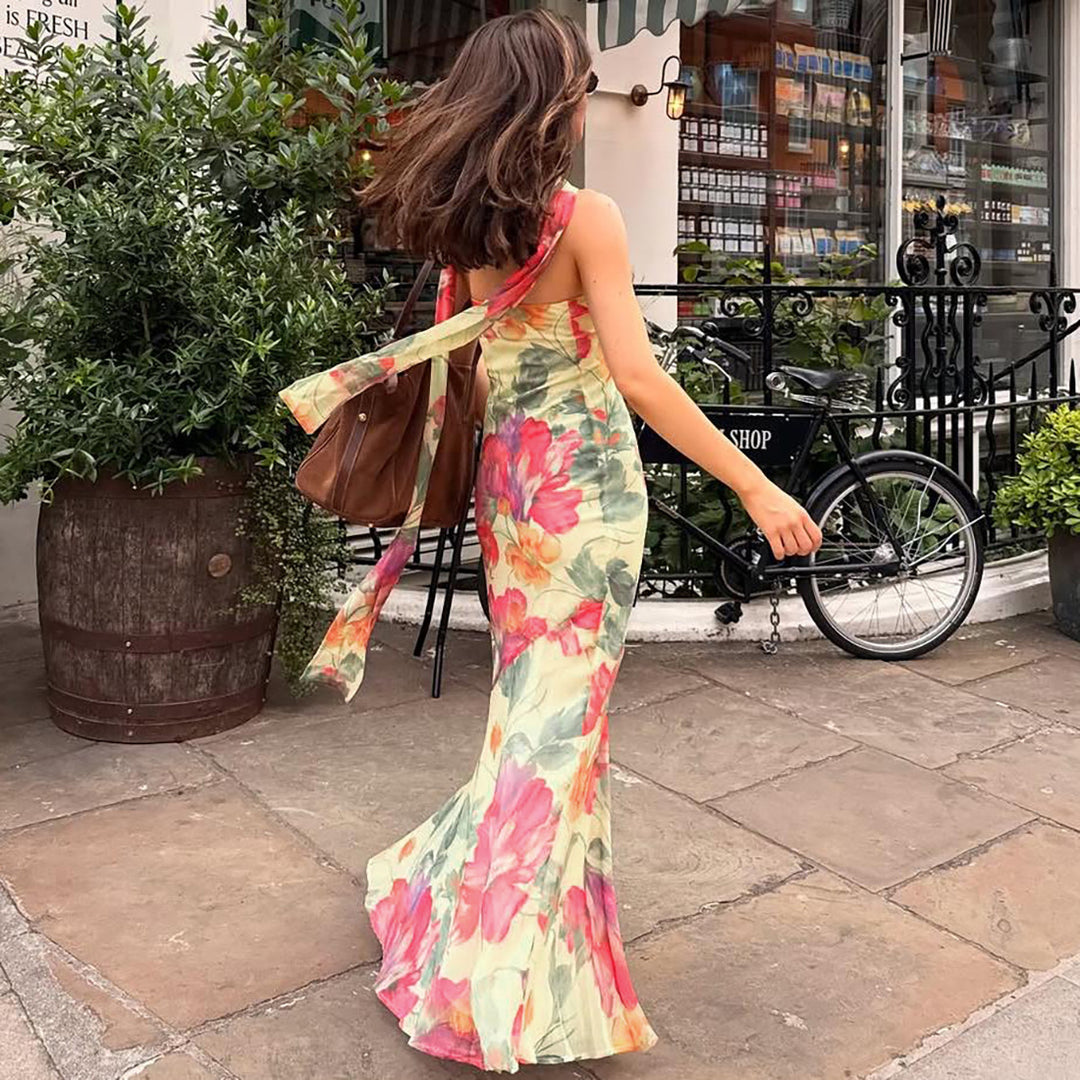 Damen Elegantes Maxikleid mit floralem Muster und schicker Rückenschnürung EB