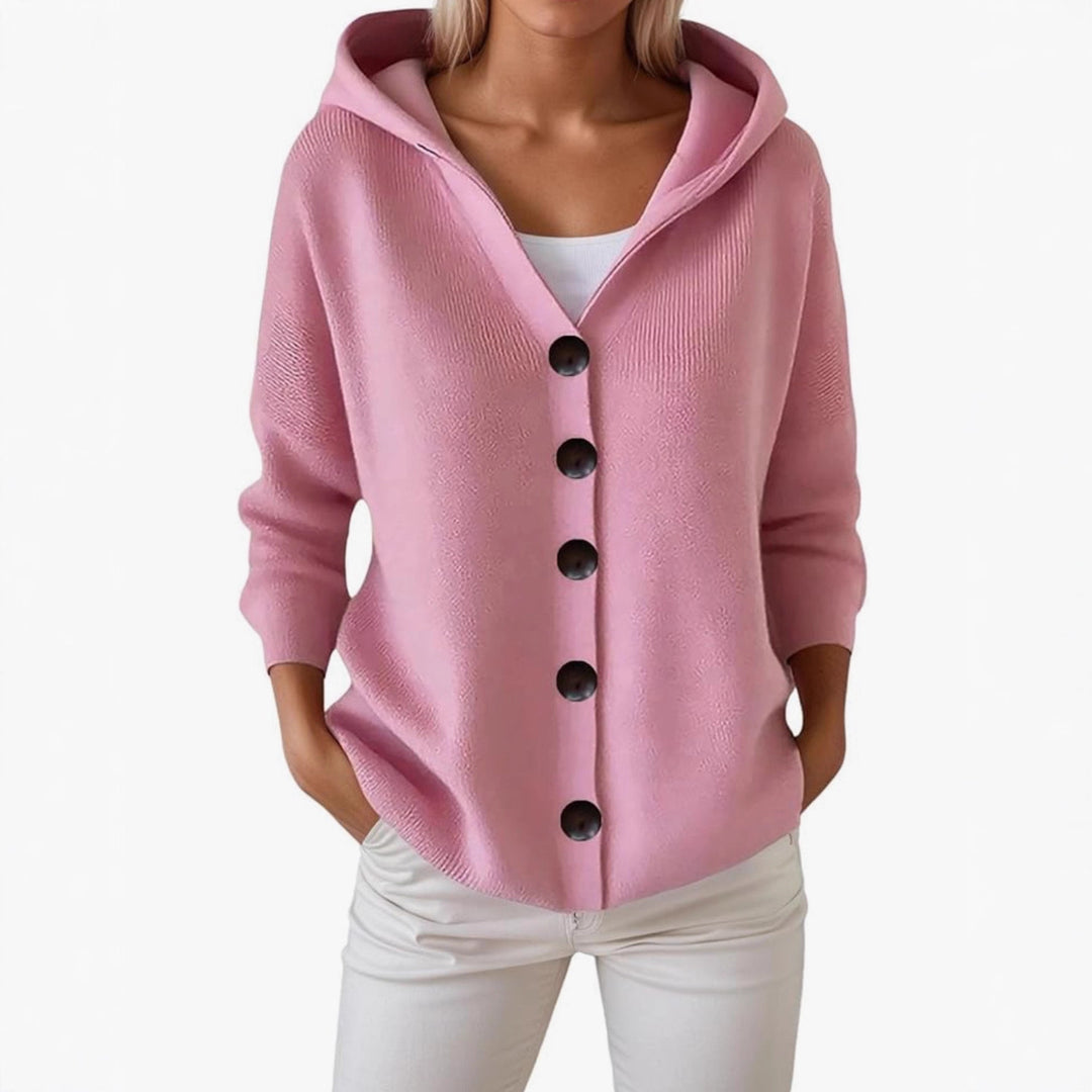 Damen Kapuzen-Strickjacke mit großen Holzknöpfen und seitlichen Eingrifftaschen EB