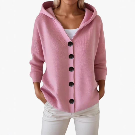 Damen Kapuzen-Strickjacke mit großen Holzknöpfen und seitlichen Eingrifftaschen EB
