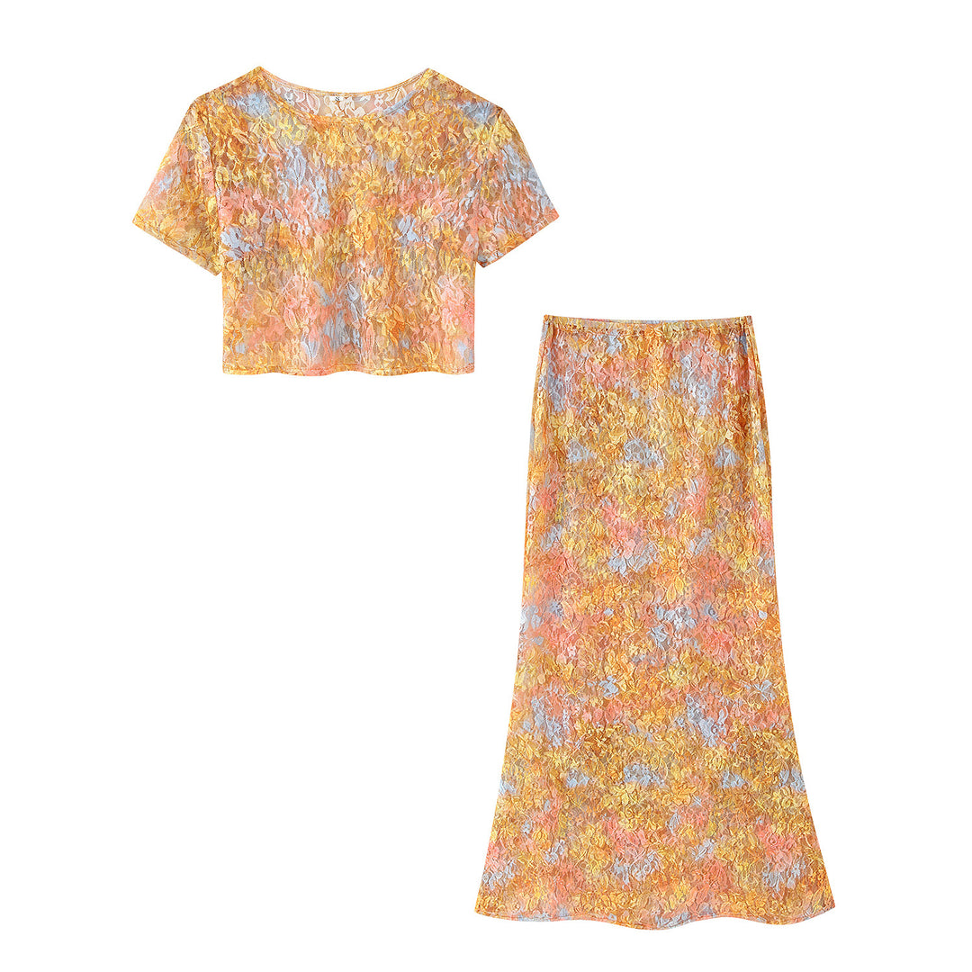 Damen Set aus Crop-Top und Maxi-Rock mit floralen Mustern EB