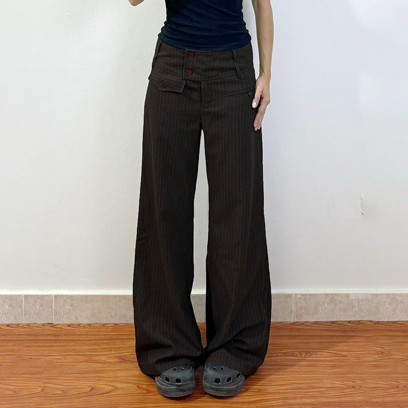 Damen Elegante weit geschnittene Streifenhose mit hoch sitzendem Bund und dekorativen Knopfdetails EB