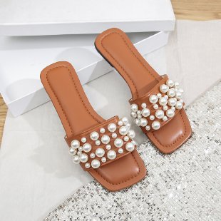 Damen Elegante Slides mit perlenverzierter Riemenstruktur EB