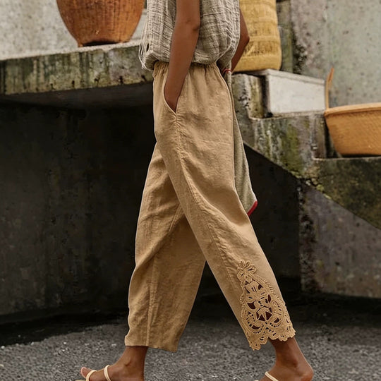 Damen Casual-Hose aus Leinenmischung mit elastischem Tunnelzugbund und Spitzenstickerei am Bein EB