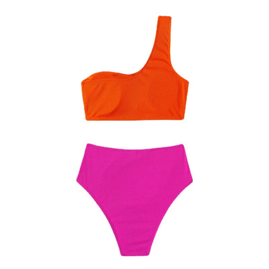Damen Einseitiger Triangel-Bikini mit buntem Blockdesign EB