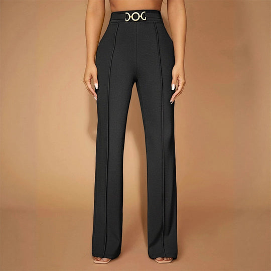 Damen Elegante Hochtaillierte Stoffhose mit diagonalen Nähte und dekorativem Gürtel EB