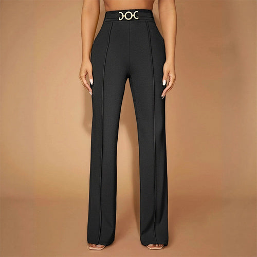 Damen Elegante Hochtaillierte Stoffhose mit diagonalen Nähte und dekorativem Gürtel EB