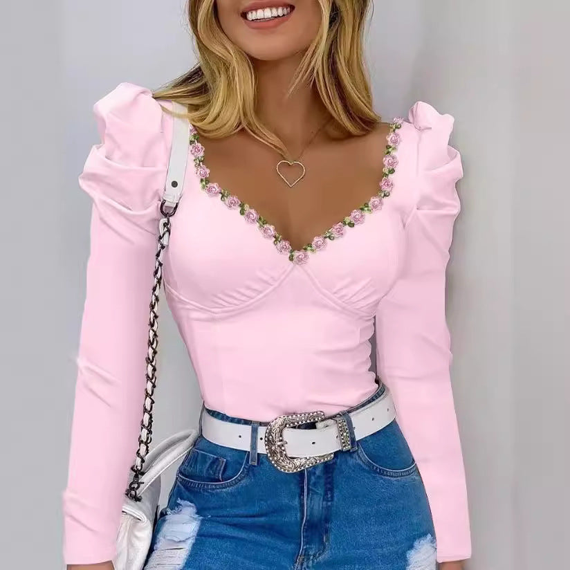 Damen Elegant verzierte Bluse mit Puffärmeln und floralem Ausschnitt EB