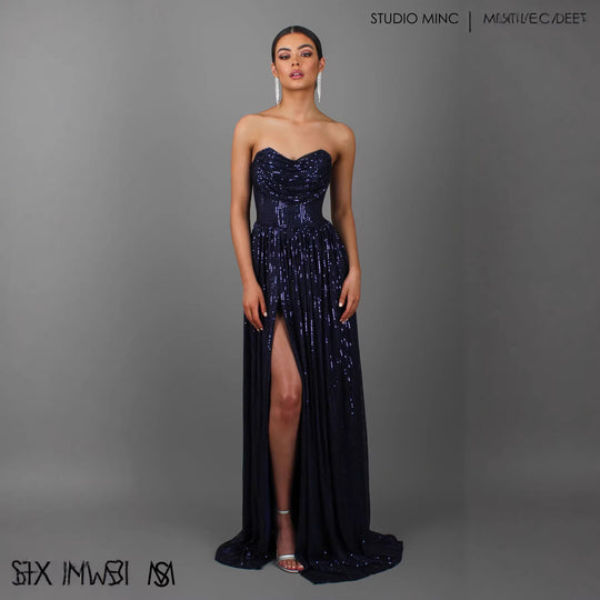 Damen Glitzerndes und schulterfreies Abendkleid mit tiefem Schlitz EB