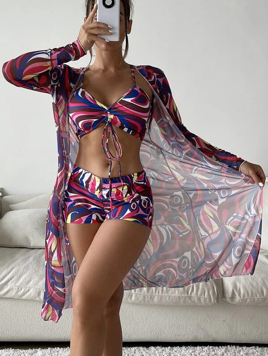 Damen Strandset mit floralem Kimono und Crop-Top EB