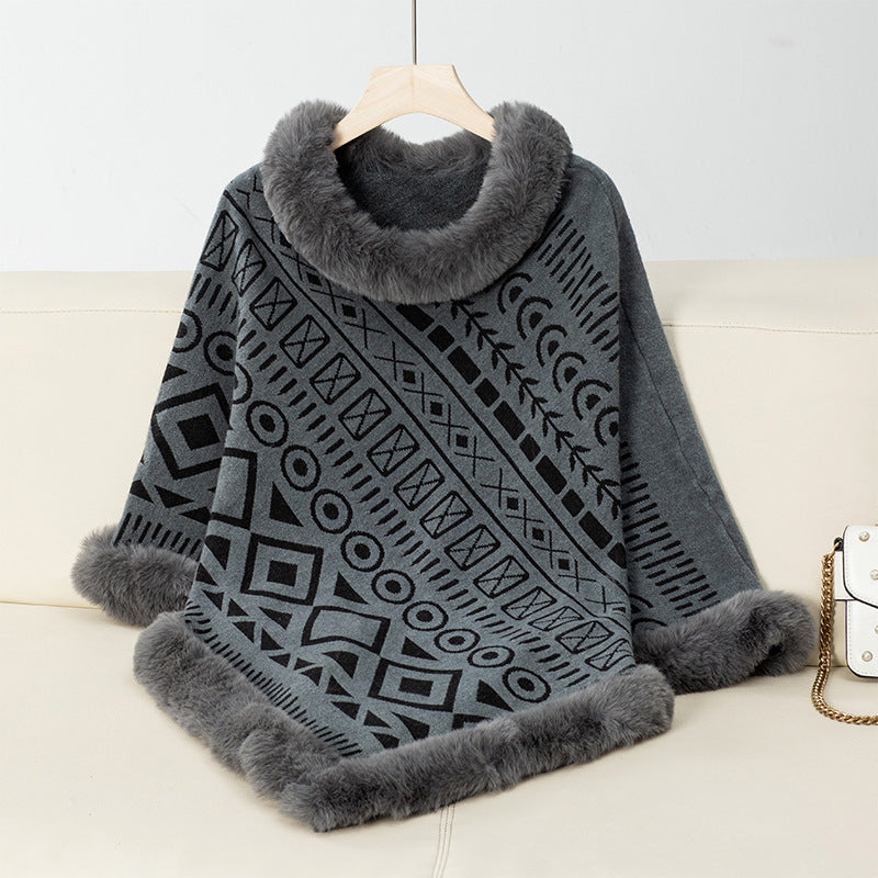 Damen modischer Poncho mit dekorativem Kunstfellkragen EB