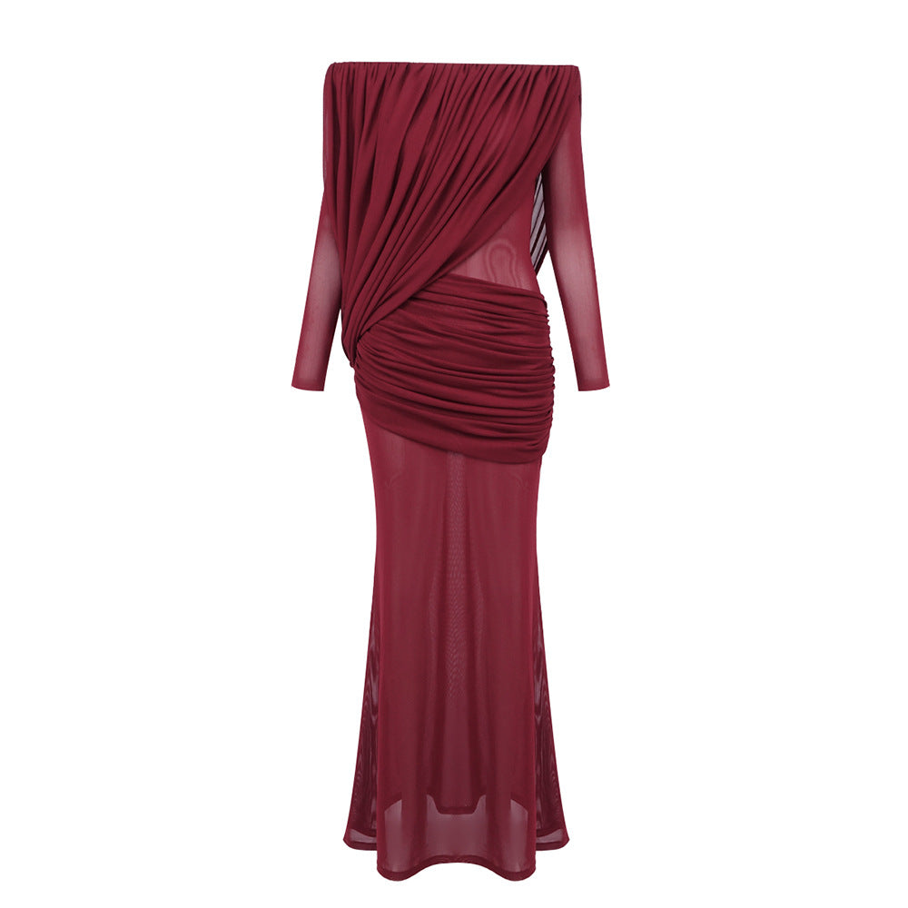 Damen Langarm Maxikleid mit Drapier-Design und schulterfreiem Ausschnitt EB