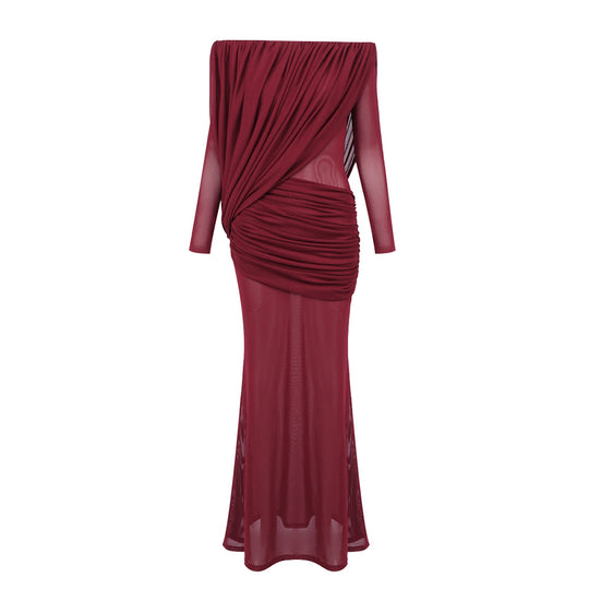 Damen Langarm Maxikleid mit Drapier-Design und schulterfreiem Ausschnitt EB
