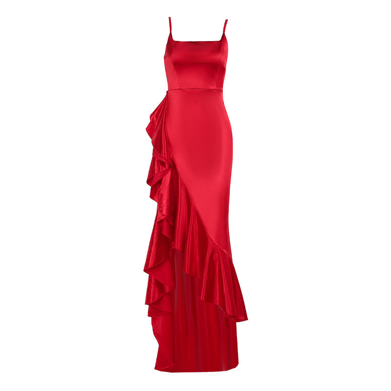 Damen elegantes Maxikleid mit seitlichem Schlitz und fließendem Rüschensaum EB