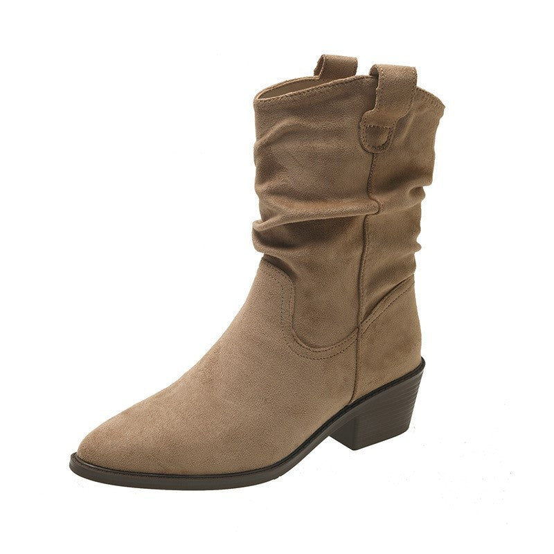 Damen Cowboy-Stiefel mit modischem Falten-Design und komfortablem Blockabsatz EB