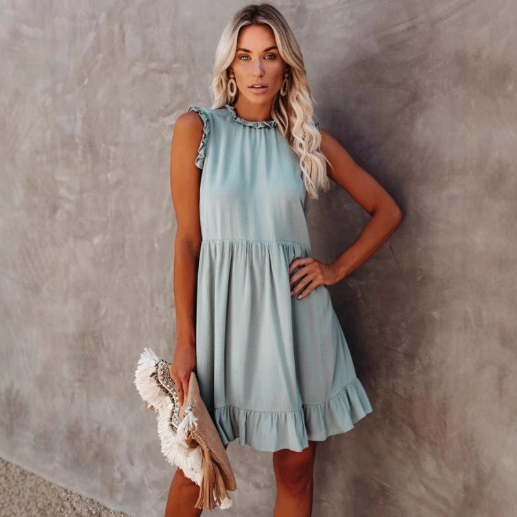 Damen lässiges Rüschendetails Kleid mit hohem Kragen EB