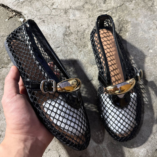 Damen Ballerinas mit modischem Netzdesign und dekorativem Riemchen EB