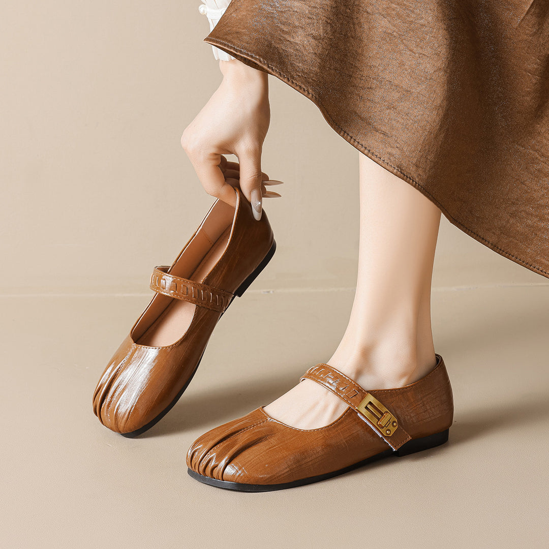 Damen Ballerinas mit dekorativem Riemenverschluss und hochwertiger Lederoberfläche EB
