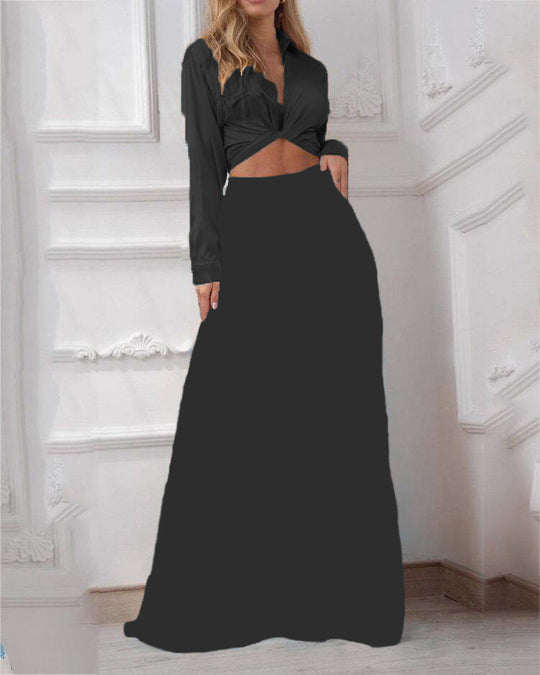 Damen elegantes Wickeloberteil mit langem Ärmel und Maxi-Rock EB