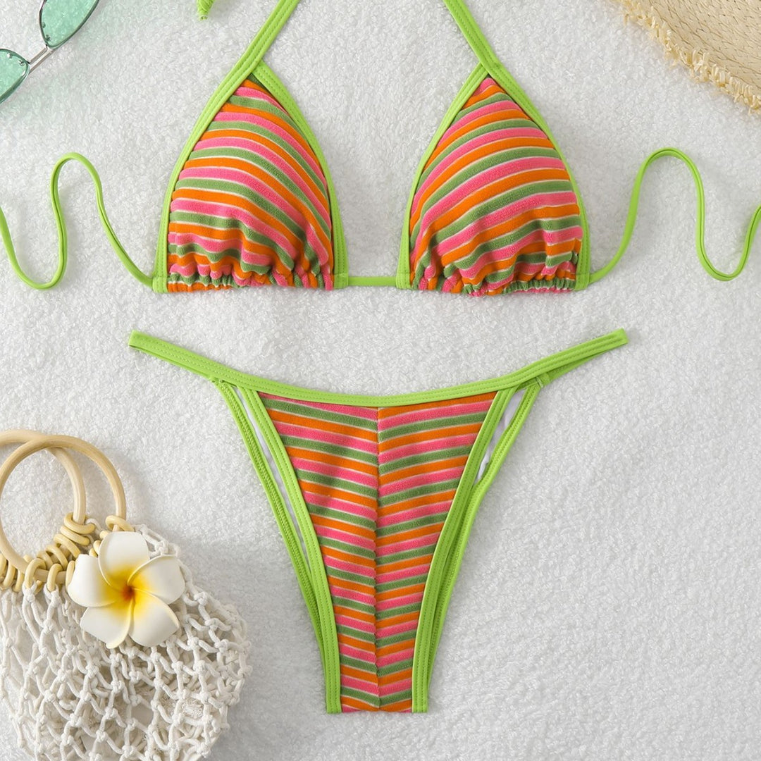 Damen Triangel-Bikini mit leuchtend bunten Streifen EB