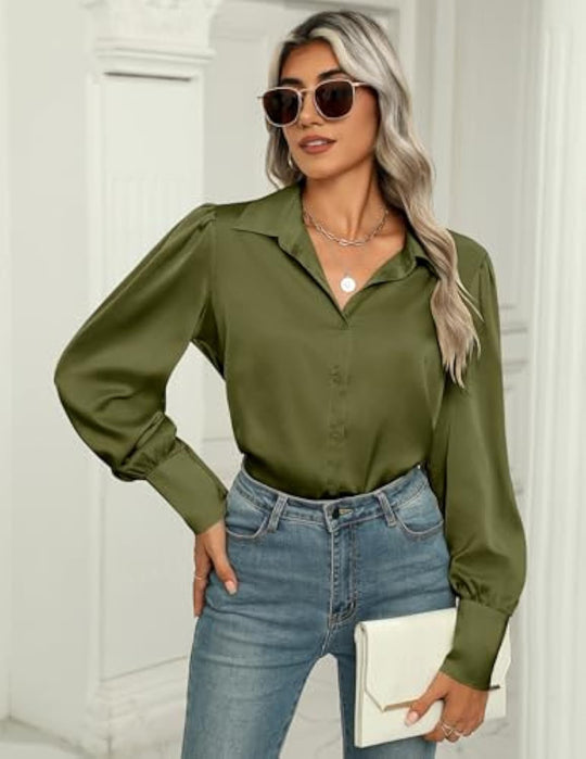 Damen Seidenoptik-Bluse mit Hemdkragen, verdeckter Knopfleiste und langen Manschetten EB
