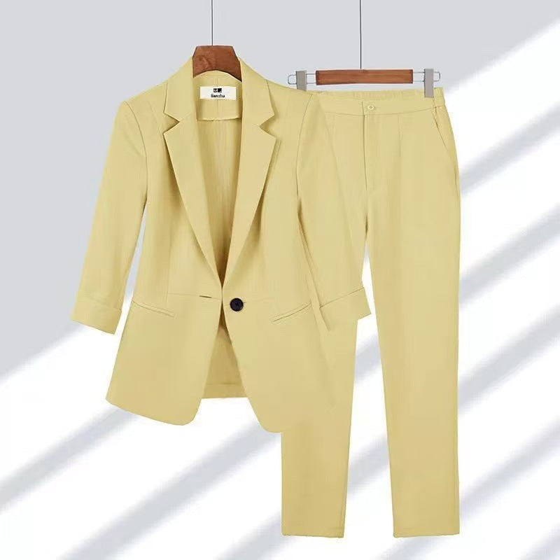 Damen nan schlanker Zweiteiler Business-Blazer mit krempelbaren 3/4-Ärmeln und hochgeschnittener Tapered-Hose EB