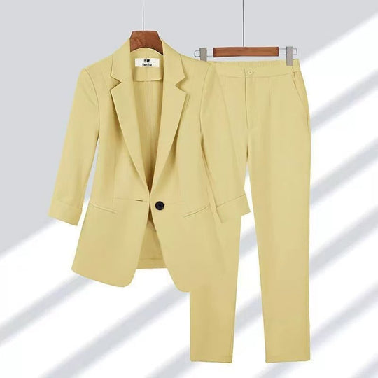 Damen nan schlanker Zweiteiler Business-Blazer mit krempelbaren 3/4-Ärmeln und hochgeschnittener Tapered-Hose EB