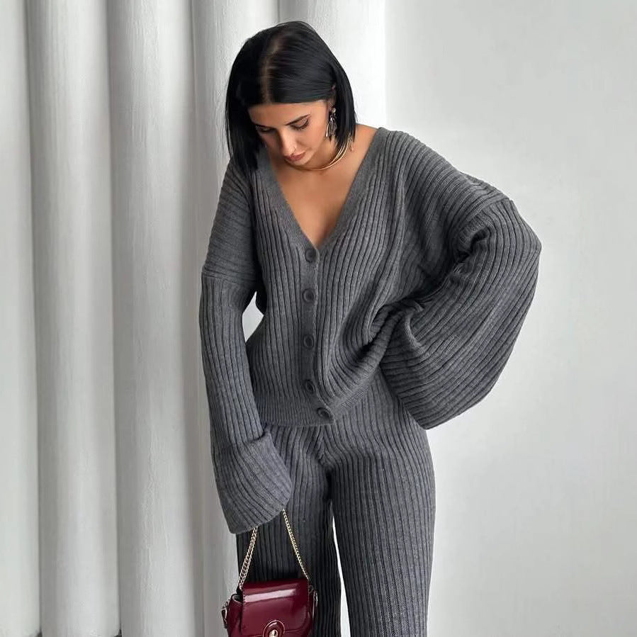 Damen Gerippter Strick‑Zweiteiler mit Oversized‑Cardigan und High‑Waist‑Sweathose EB