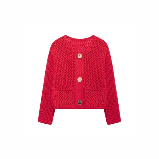 Damen luftige Strickjacke mit durchbrochenem Muster und praktischen Taschen EB