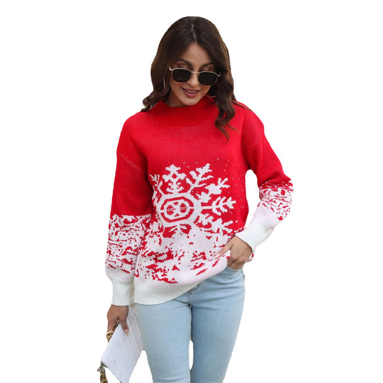 Damen Grobstrickpullover mit festlichem Schneeflocken-Motiv und lässigem Schnitt EB