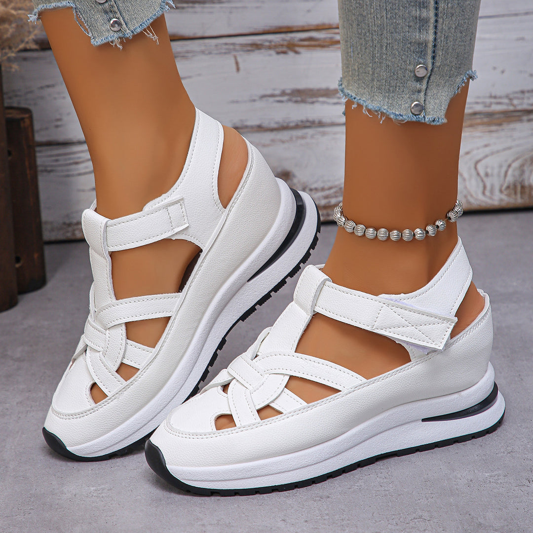 Damen Geschlossene Plateau-Sport-Sandalen mit geflochtenen Riemen und Klettverschluss EB