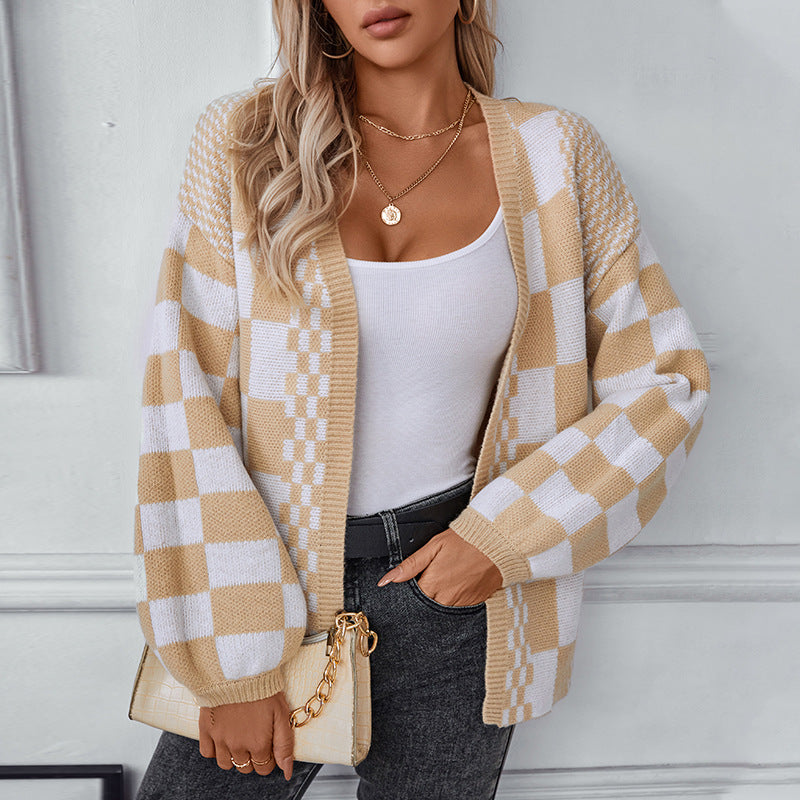Damen lässige Strickjacke im modischen Karomuster EB