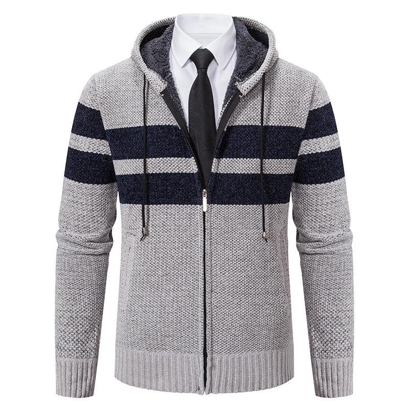 Herren nan gestrickte Kapuzenjacke mit Teddyfutter, verdecktem Reißverschluss und kontrastreifen EB