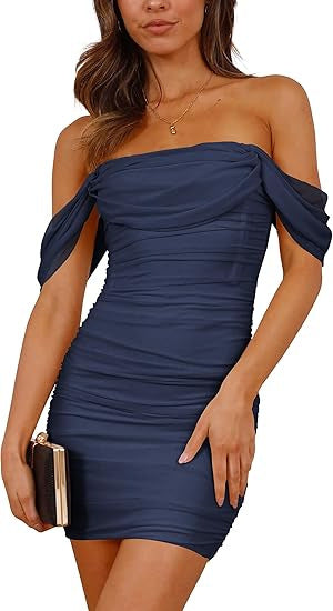 Damen figurbetontes Wickelkleid mit schulterfreiem Design EB