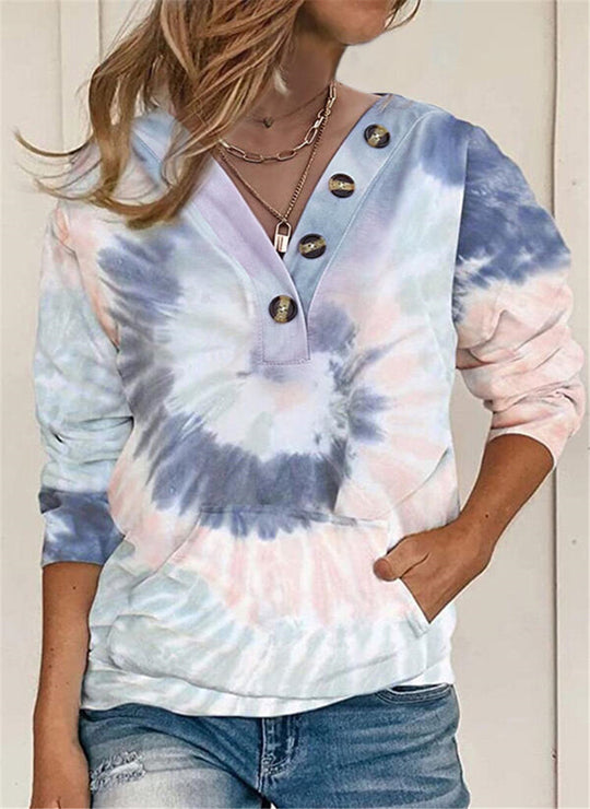 Damen lässiger Pullover mit Knopfdetails und modernem Batikmuster EB