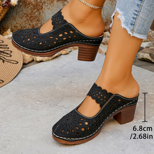 Damen Offene Clogs mit filigranem Muster und holz-ähnlichem Absatz EB