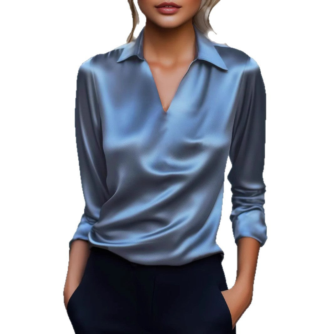 Damen Edles Satin-Oberteil mit V-Ausschnitt und klassischem Kragen EB