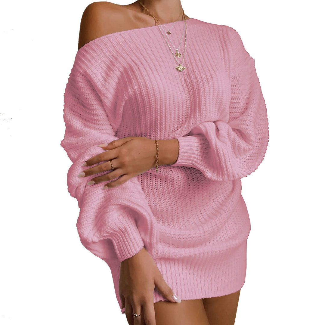 Damen Strickkleid mit schulterfreiem Design und voluminösen Ärmeln EB