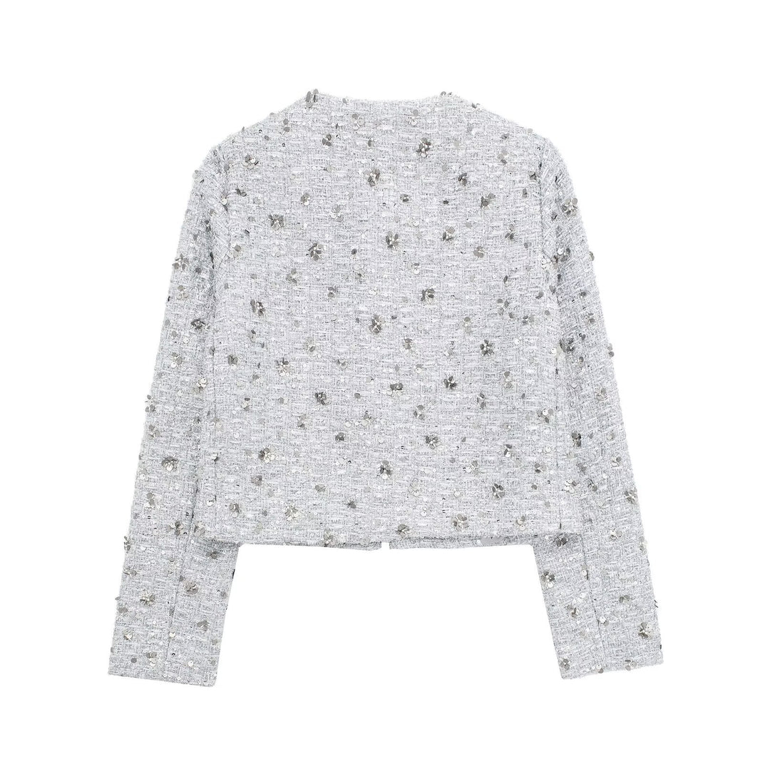 Damen elegante Tweedjacke mit funkelnden Pailletten und strukturiertem Design EB