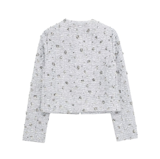 Damen elegante Tweedjacke mit funkelnden Pailletten und strukturiertem Design EB