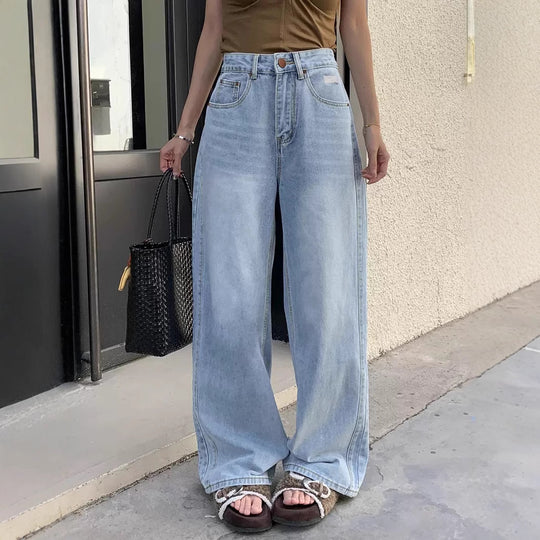 Damen Weite High-Waist Denim-Hose mit modischem Schnitt und lässigen Details EB