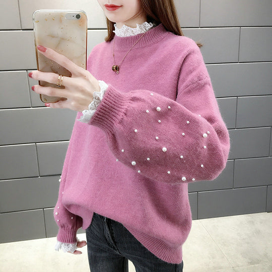 Damen trendiger Strickpullover mit Perlendetails und voluminösen Ärmeln EB
