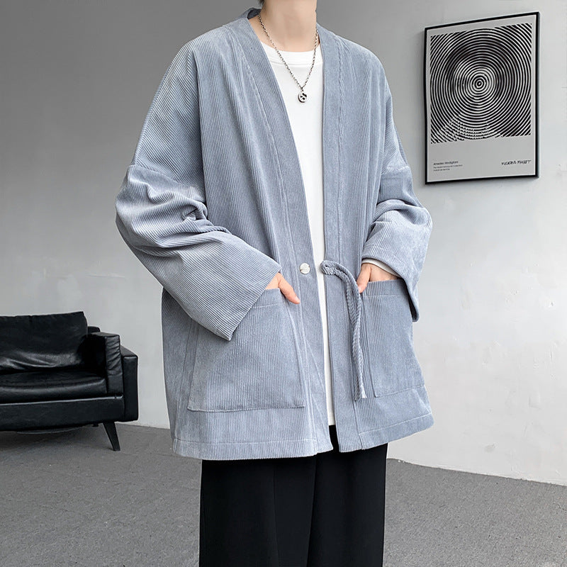 Herren nan oversized Cord-Kimono-Cardigan mit Kordelzug, aufgesetzten Taschen und Tropfenärmeln EB