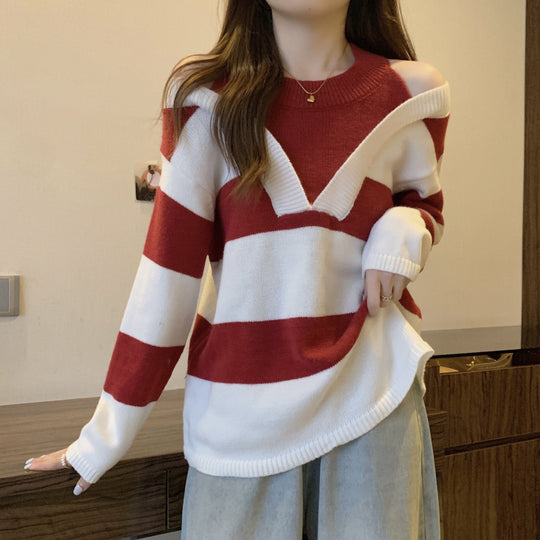 Damen V-Ausschnitt Oversized-Pullover mit modischem Streifenmuster und offenem Schulterdesign EB