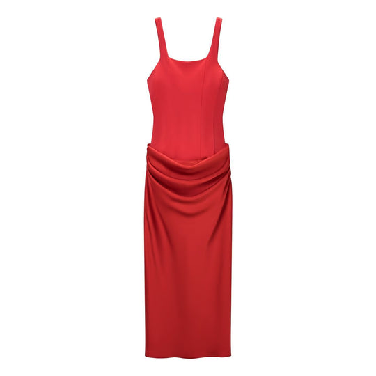 Damen elegantes Midikleid mit raffinierten Drapierungen und verstellbaren Spaghettiträgern EB