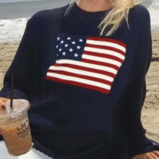 Damen Strickpullover mit amerikanischem Flaggenmotiv EB